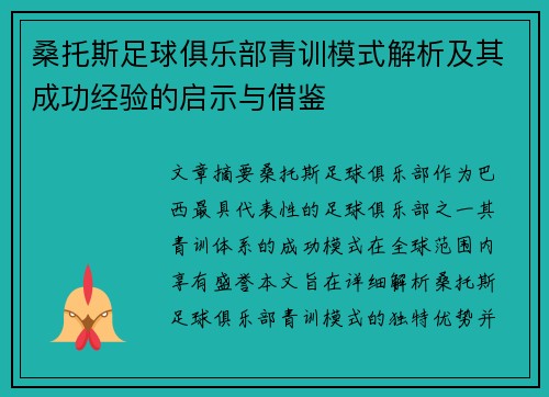桑托斯足球俱乐部青训模式解析及其成功经验的启示与借鉴